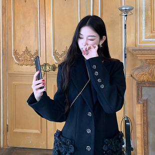 毛呢外套女 新款 Boamarket 手工花朵黑色小香风大衣贵气感重工冬季