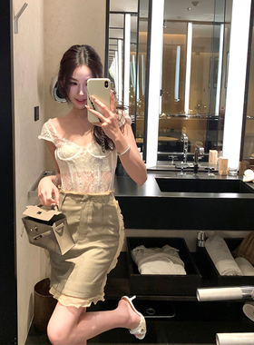 Boamarket fend1立体花边半身裙女夏新款格子荷叶边气质约会裙子