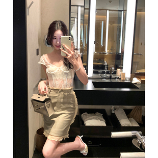 Boamarket fend1立体花边半身裙女夏新款格子荷叶边气质约会裙子