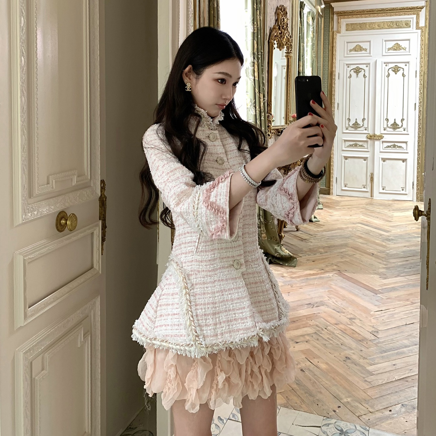 Boamarket 宫廷粗花呢毛呢外套 粉色层层半裙女秋冬新款时尚套装