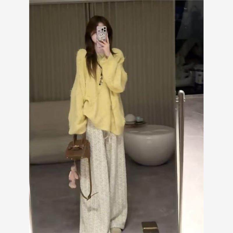 韩里韩气穿搭套装女秋季2025新款慵懒宽松大版针织衫阔腿裤两件套