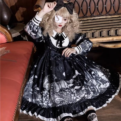 【古堡之夜】现货韩菇凉~原创设计Lolita暗黑哥特风op长袖连衣裙