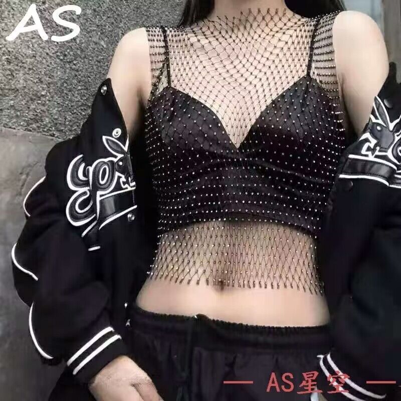 闪钻打底夜店蹦迪性感无袖背心女外穿潮流渔网烫钻吊带镂空上衣潮