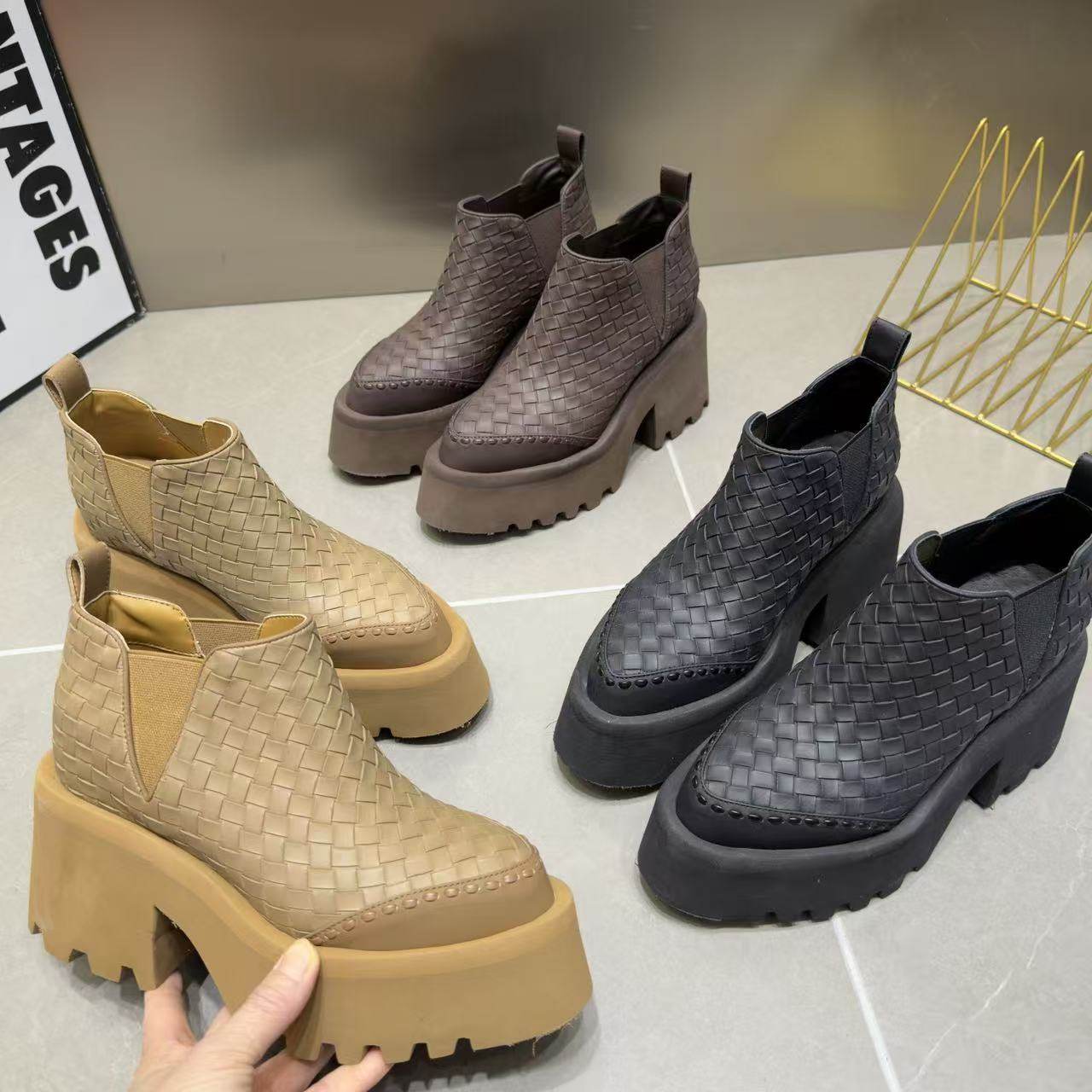 爆款8cm松糕厚底增高短靴2026春新款编织套脚切尔西靴小个子女鞋,女鞋,马丁靴,淘宝优惠券,粉丝福利购,淘宝优惠卷