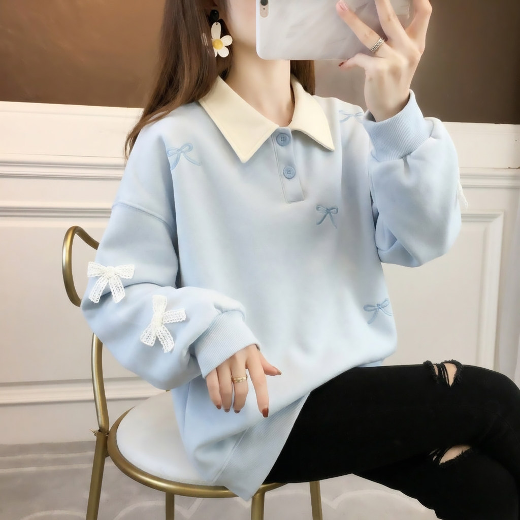 蕾丝拼接蝴蝶结设计感小众卫衣女图片