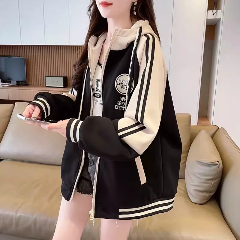撞色连帽棒球服外套女春秋季2026新款宽松初中生休闲百搭开衫卫衣