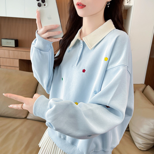 小个子设计感撞色卫衣女春秋季2025新款宽松初中生polo领上衣外套