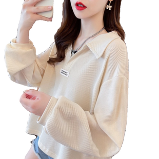 翻领polo衫卫衣女春秋韩版宽松大码小个子短款v领百搭上衣外套潮