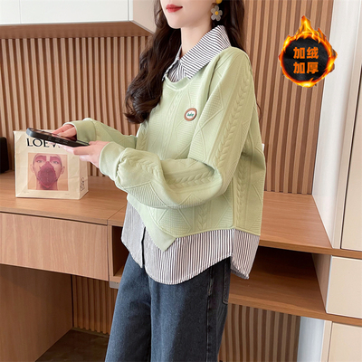 假两件格子衬衫领百搭卫衣女秋冬