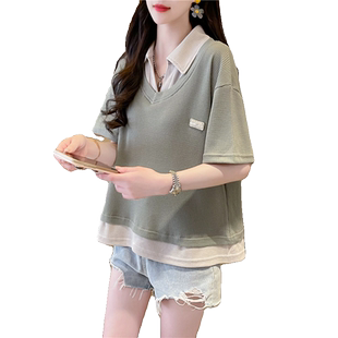 华夫格短袖t恤女夏季韩版宽松大码女装翻领polo衫假两件百搭上衣