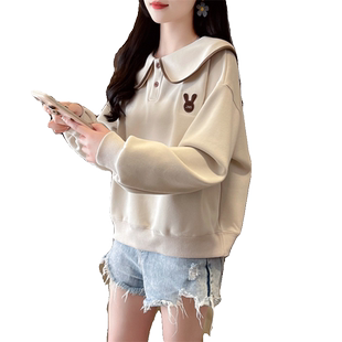 翻领polo衫卫衣女秋冬季加绒加厚宽松小个子初中生娃娃领上衣外套