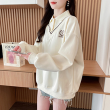 设计感假两件卫衣女秋冬韩版宽松加绒加厚翻领polo衫拼接上衣外套