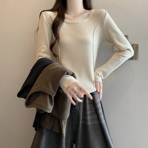 秋冬打底衫修身u领德绒长袖t恤女