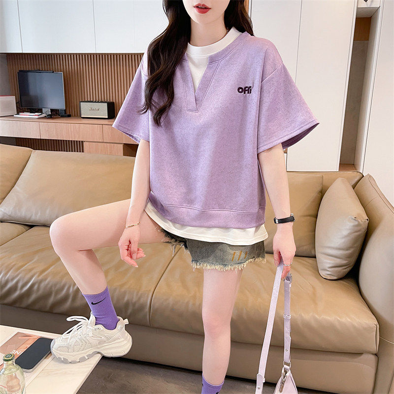 假两件紫色短袖t恤女夏季2026新款宽松大码小个子百搭撞色上衣服