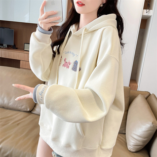 加绒加厚连帽卫衣女秋冬季2025新款韩版宽松初中生假两件保暖外套