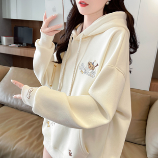 加绒加厚初中生连帽卫衣女2025新款秋冬韩版宽松保暖刺绣上衣外套