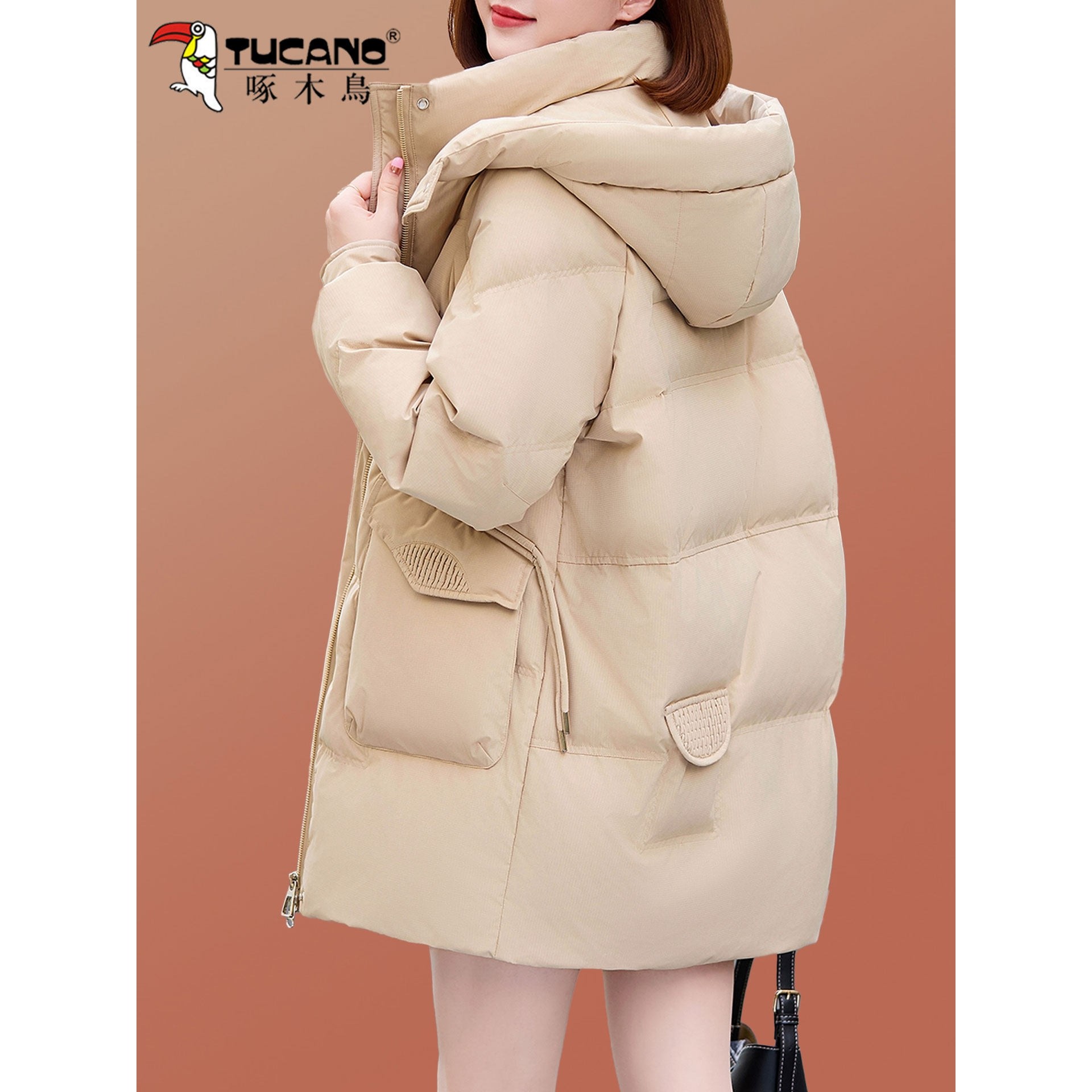 啄木鸟中长款羽绒服女款冬季2025新款时尚洋气白鸭绒宽松保暖外套