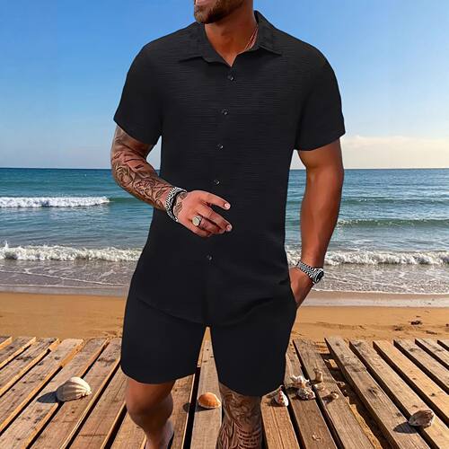 翻领上衣短裤男士套装 Men's Set with Collar Top and Shorts