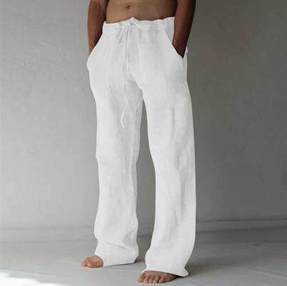 thumbnail for Solid color drawstring loose casual pants men's cotton and linen tether slacks