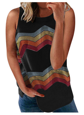 Loose Casual Crew Neck Rainbow Striped Tank Top T-Shirt Wome
