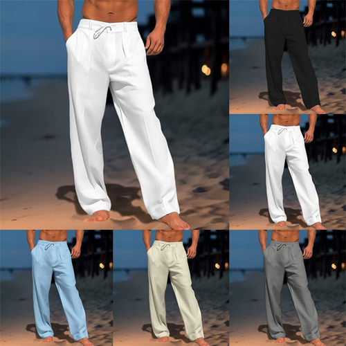 男士纯色休闲亚麻沙滩长裤Solid color casual linen beach pants