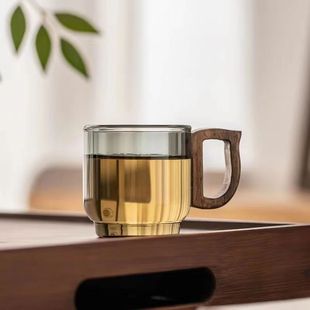 玻璃小茶杯家用功夫茶具用品耐热防烫带胡桃木把手轻奢高档品茗杯