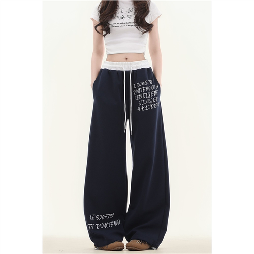 cuwu美式辣妹高腰休闲裤女春秋字母印花宽松阔腿裤垂感拖地卫裤子