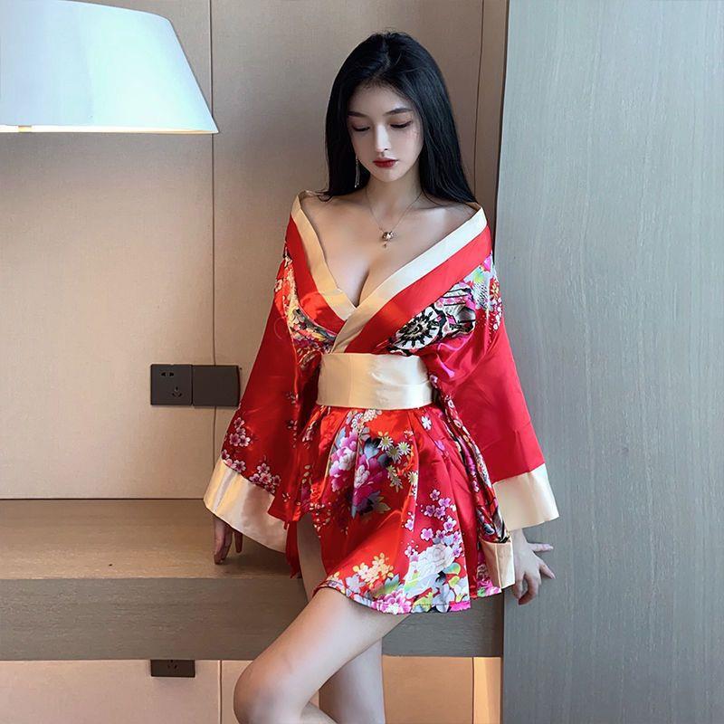内衣日系复古印花开衫和服睡衣女系带收腰显廋连衣裙女006
