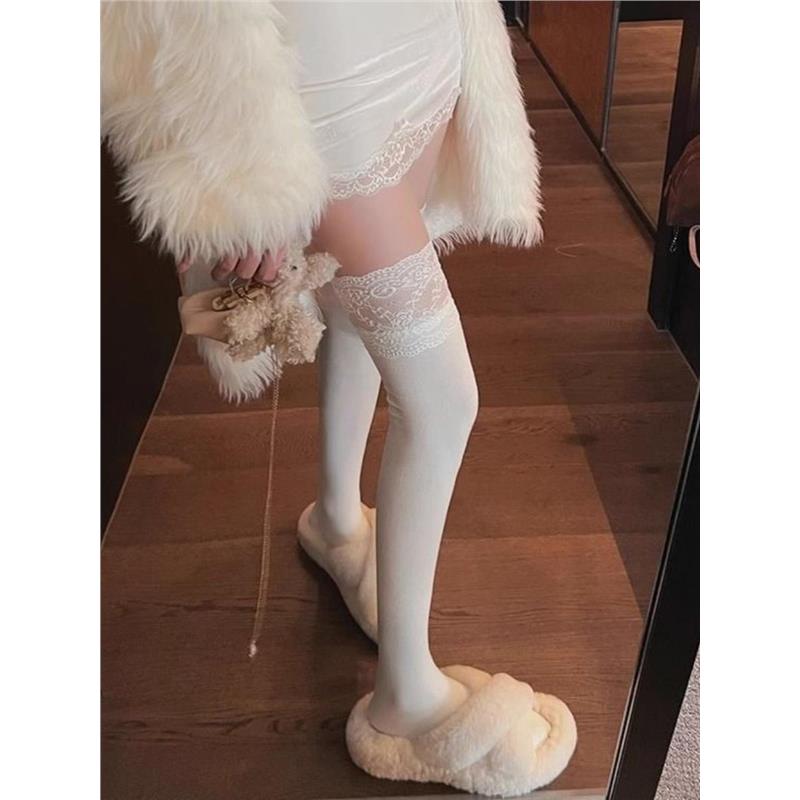 半截纯欲风性感秋天百搭过膝袜女生蕾丝边白色显瘦jk长筒靴大腿袜