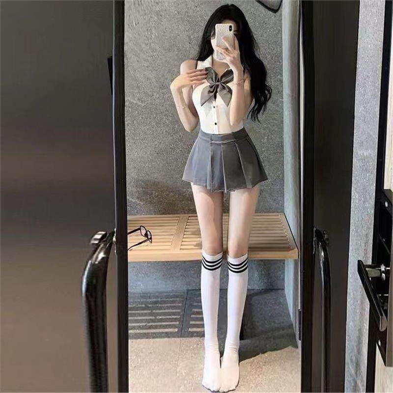 JK制服纯欲风辣妹性感套装夏天学院风收腰衬衫女超短百褶裙两件套图片