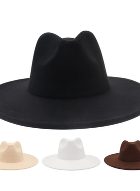 9.5cm大檐英伦风礼帽宽檐欧美爵士帽简约毡帽经典复古毛呢帽男女
