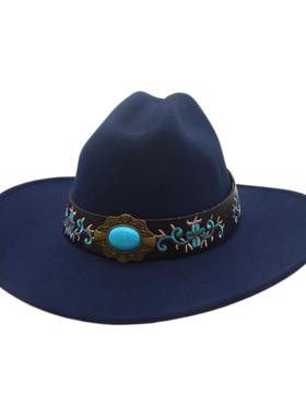 骑马帽洋气草原防晒帽户外摄影欧美旅行四季毛呢宝石木珠礼帽