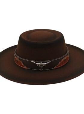 蒙古藏族牛头标礼帽民族风西部牛仔卷檐复古骑马帽子毛呢英伦毡帽