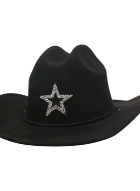 西部牛仔帽男女士大檐遮阳帽子复古骑士帽平顶礼帽黑色毛呢爵士帽