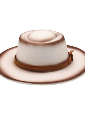 白色法式平顶礼帽英伦复古皮带仿羊毛呢帽子女秋冬凹槽宽檐爵士帽