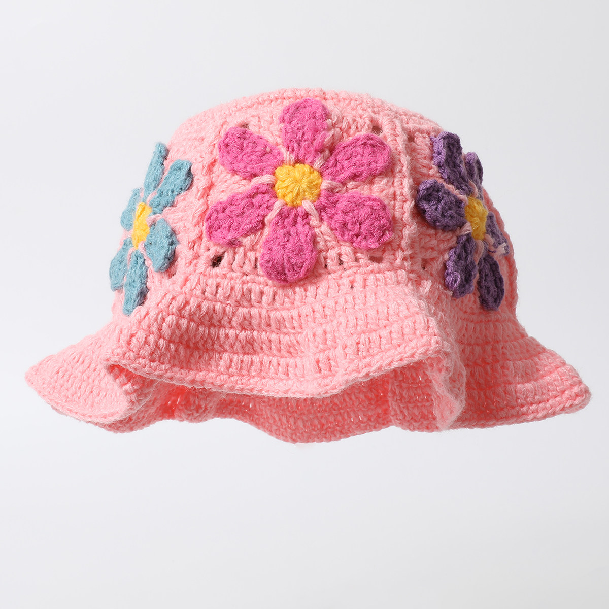 韩国春秋小众彩色花朵镂空款渔夫帽女帽子显脸小凹造型遮阳帽盆帽