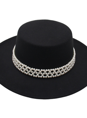 黑色法式礼帽珍珠宴会爵士帽赫本风优雅毡帽韩版防晒遮阳帽复古风