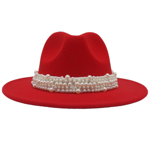法式男女士英伦春夏红色礼帽珍珠爵士帽时尚毛呢名媛赫本风fedora