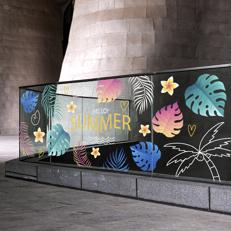 大商场扶梯玻璃围栏夏季装饰贴画INS时尚植物可自由拼贴橱窗美化图片