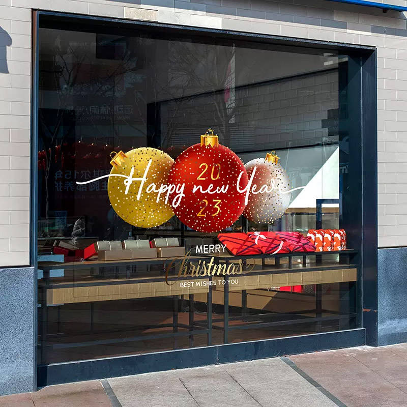 2026商务楼新年装饰玻璃贴画圣诞吊球商场酒店橱窗超大号静电贴膜图片