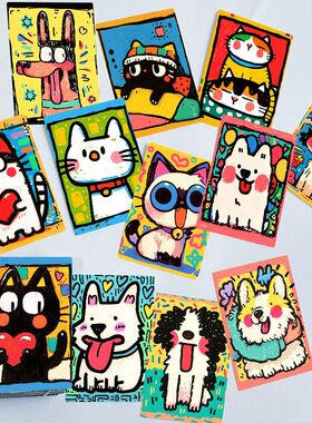 114张可爱猫猫狗狗贴纸卡通插画多巴胺装饰彩绘艺术猫咪防水贴画