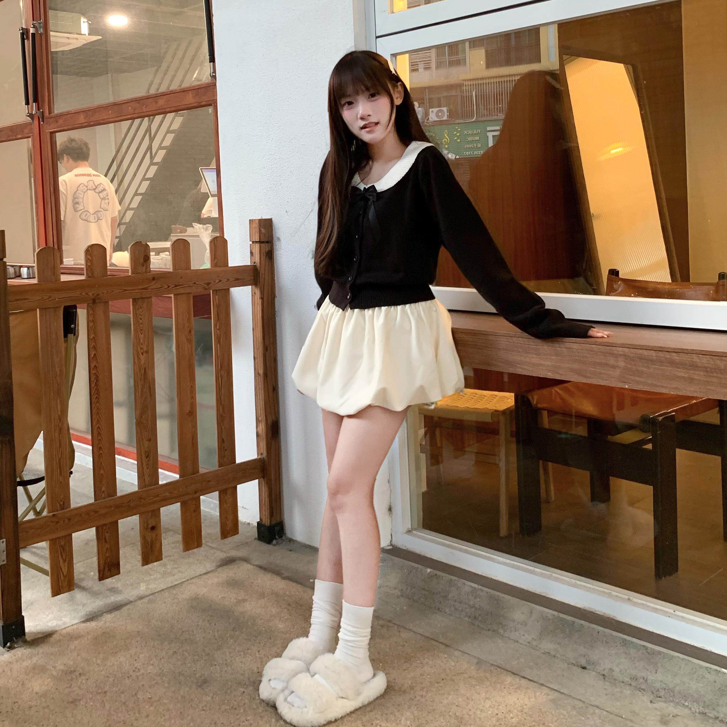 翻斗花园秋冬女新款温柔甜美娃娃领蝴蝶结短款毛衣蛋糕裙套装小众