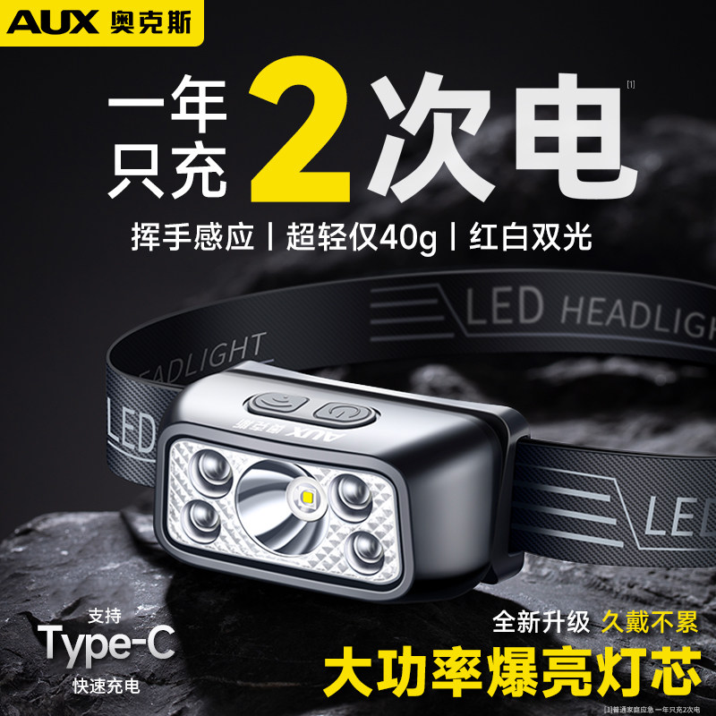 奥克斯超长续航头灯钓鱼专用2026新款头戴式强光充电户外登山照明