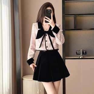 粉色小香风短款外套百褶裙套装女高级感小个子气质上衣短裙两件套