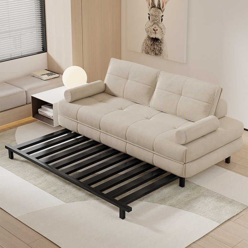 奶油风格书房双人小户型客厅可折叠沙发床一体两用布艺灯芯绒窄版