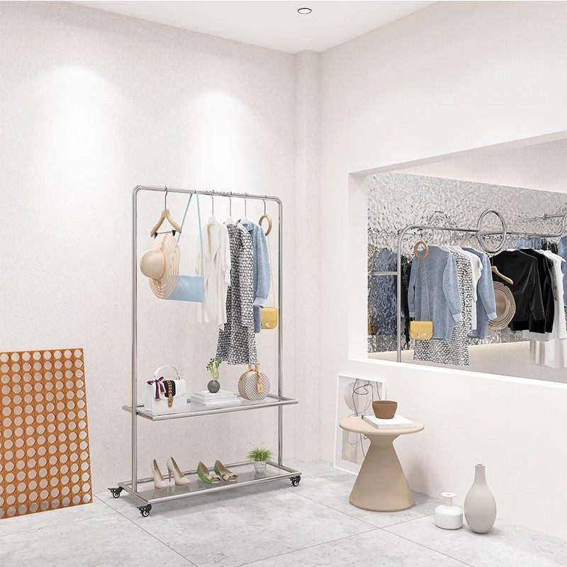 服装店展示架不锈钢移动落地式挂衣杆男女装店玻璃带轮子专用货架