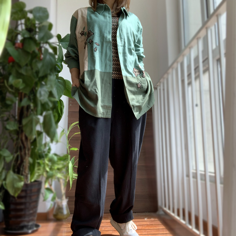 复古真丝衬衫文艺百搭长袖撞色上衣桑蚕丝油丝刺绣慵懒衬衣女大码