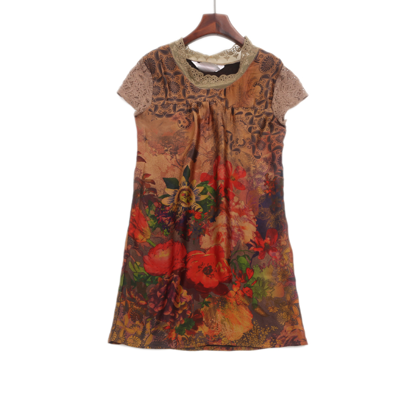 夏新款 桑蚕丝缎面香云纱连衣裙宽松套头真丝莨绸+蕾丝拼接裙子女