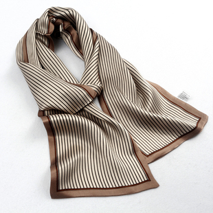真丝条纹长条丝巾 百搭经典配色窄细长巾 桑蚕丝双层双面领巾围巾