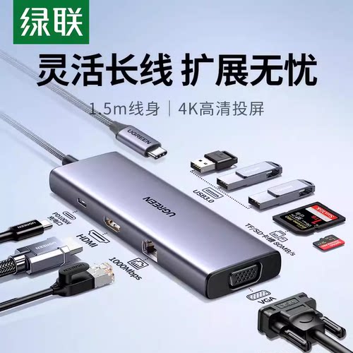 CM498绿联1.5米typec长线4k扩展坞HDMI投屏9合1usb-c拓展坞25360